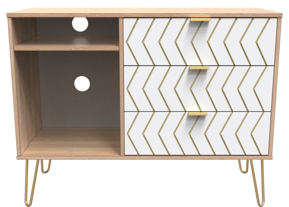 Jigsaw TV Unit - 95cm - with Gold Hairpin Legs - White and Oak