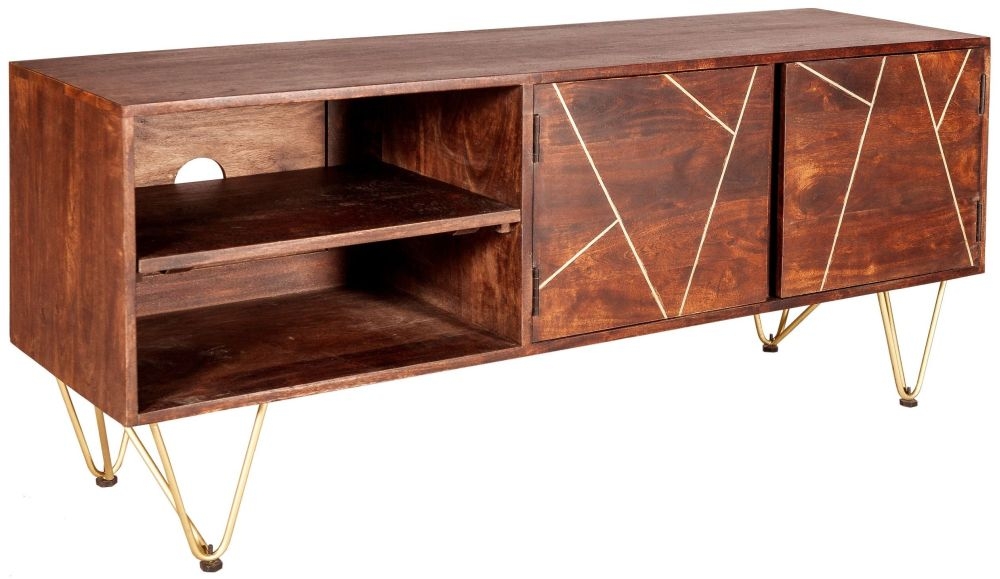 Kaza Dark Mango Wood 140cm TV Unit - Hairpin Legs with Gold Geometric Inlay