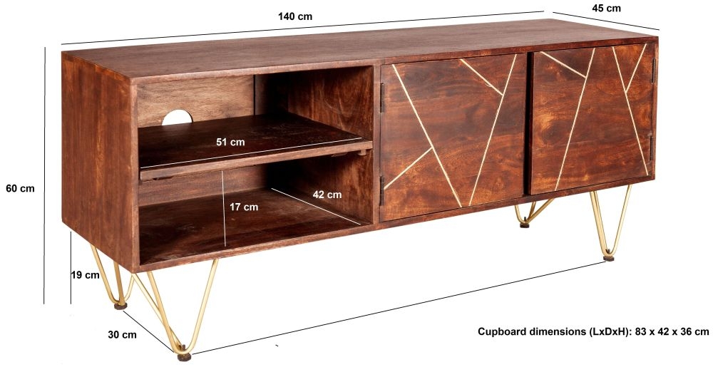 Kaza Dark Mango Wood 140cm TV Unit - Hairpin Legs with Gold Geometric Inlay