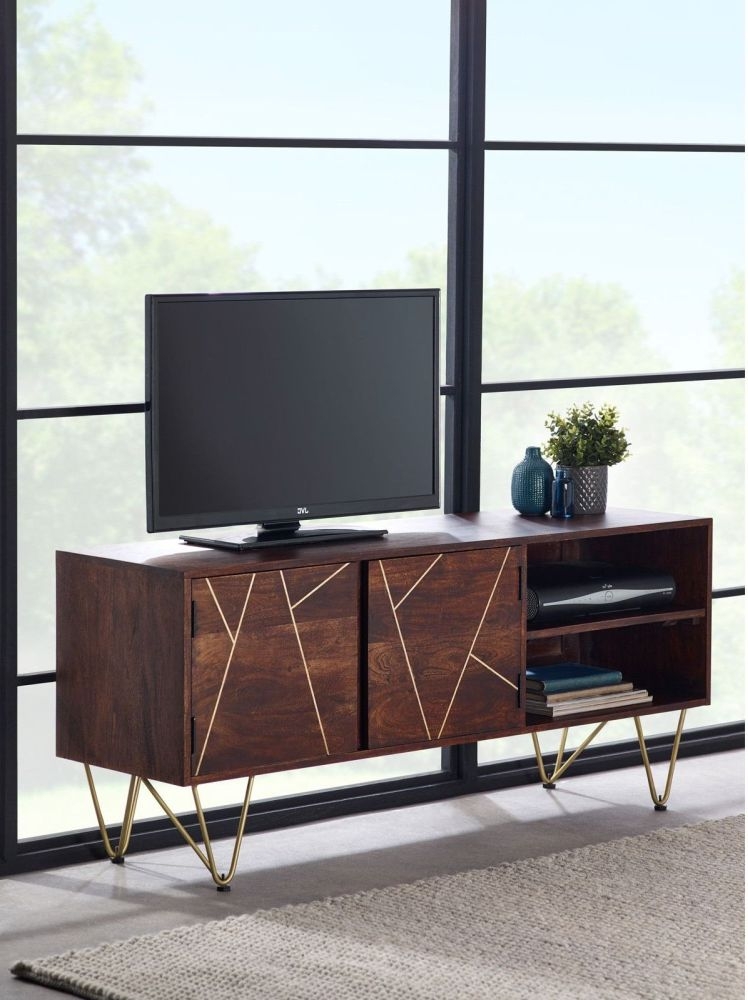 Kaza Dark Mango Wood 140cm TV Unit - Hairpin Legs with Gold Geometric Inlay
