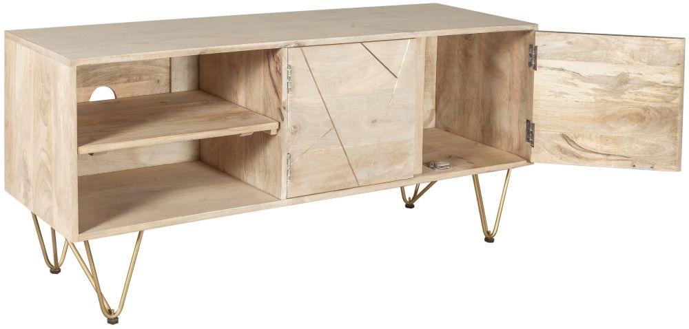 Kaza Light Mango Wood 140cm TV Unit - Hairpin Legs with Gold Geometric Inlay
