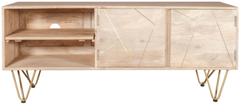 Kaza Light Mango Wood 140cm TV Unit - Hairpin Legs with Gold Geometric Inlay
