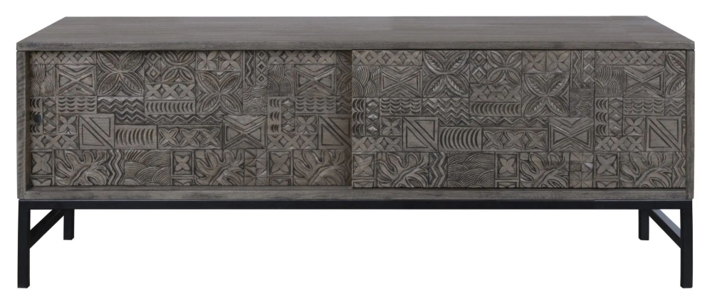 Sahara Black Washed Carved Mango Wood TV Unit With Sliding Door
