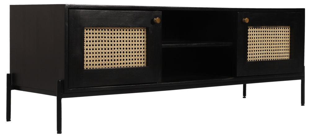 Tapola Black Wood and Rattan 145cm TV Unit