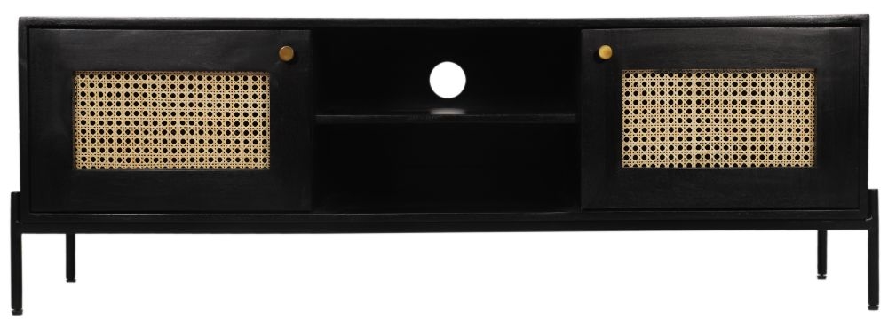 Tapola Black Wood and Rattan 145cm TV Unit