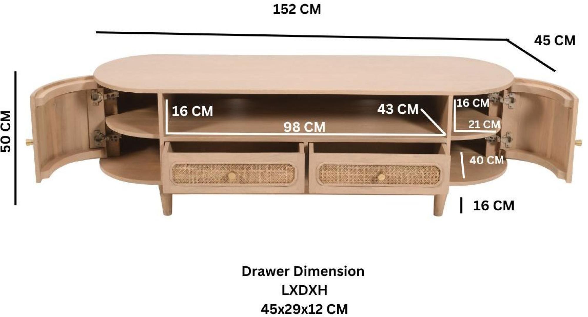 Vance Curved Natural Rattan and Mango Wood 152cm TV Unit