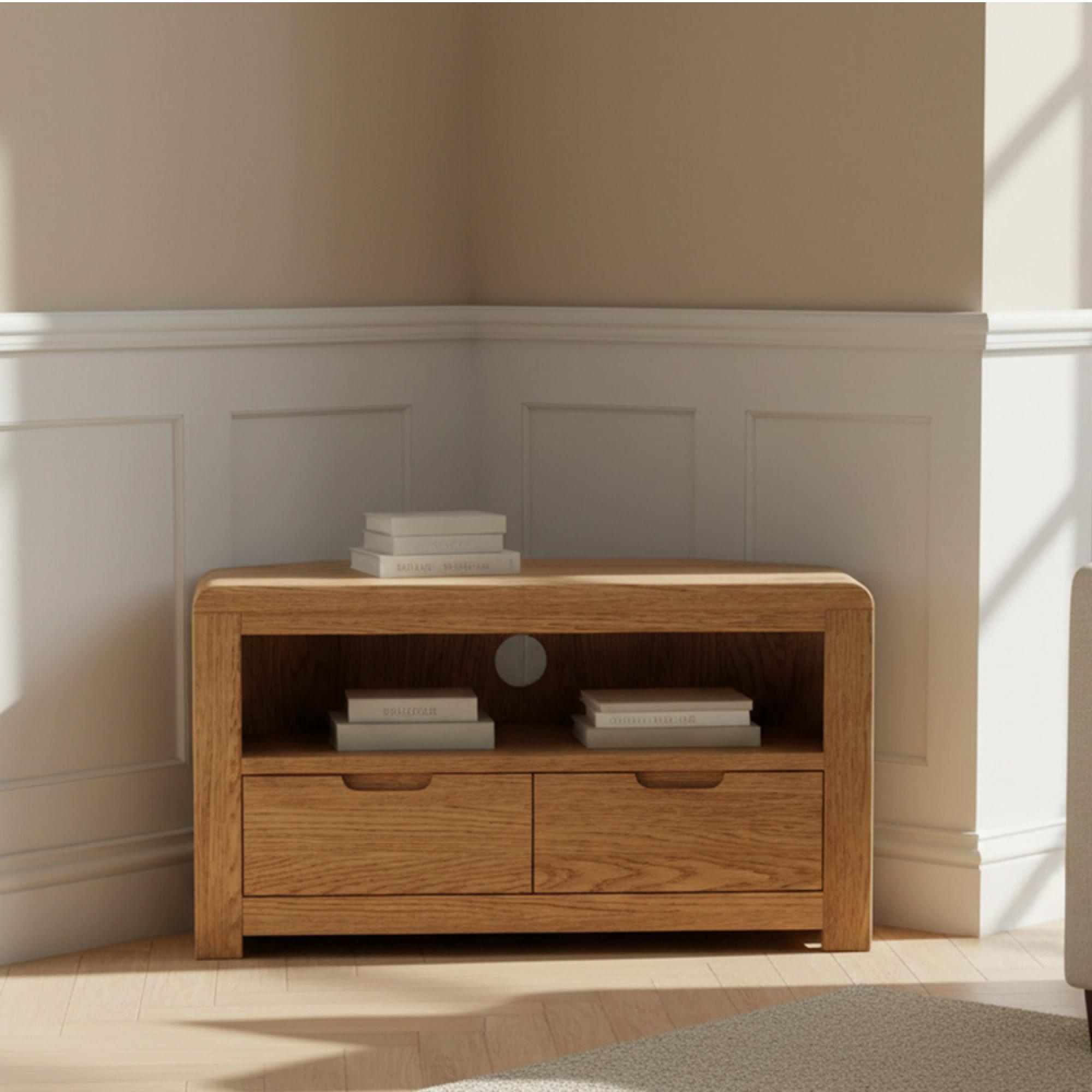 Thurlestone Curved Corner TV Unit - 2 Drawer - Oak