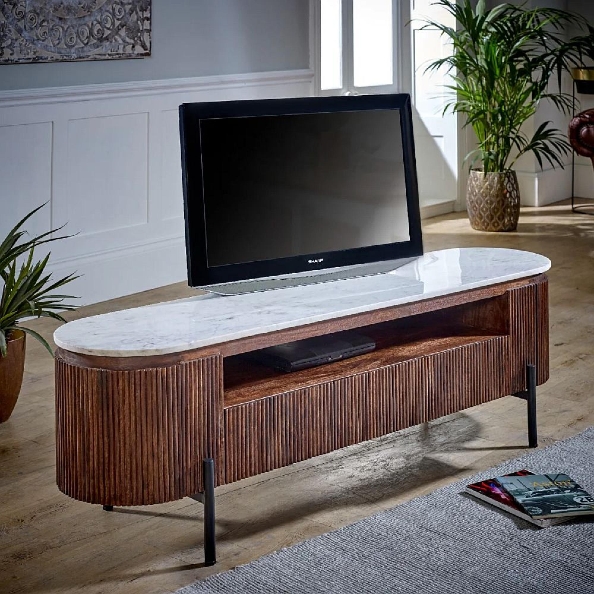Opal Fluted TV Unit - 170cm - White Marble Top - Mango Wood