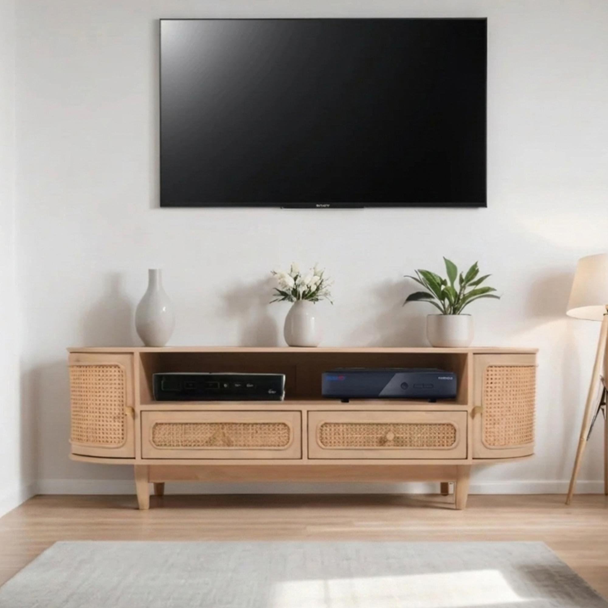Valencia TV Unit - 152cm - Curved - Natural Rattan and Mango Wood