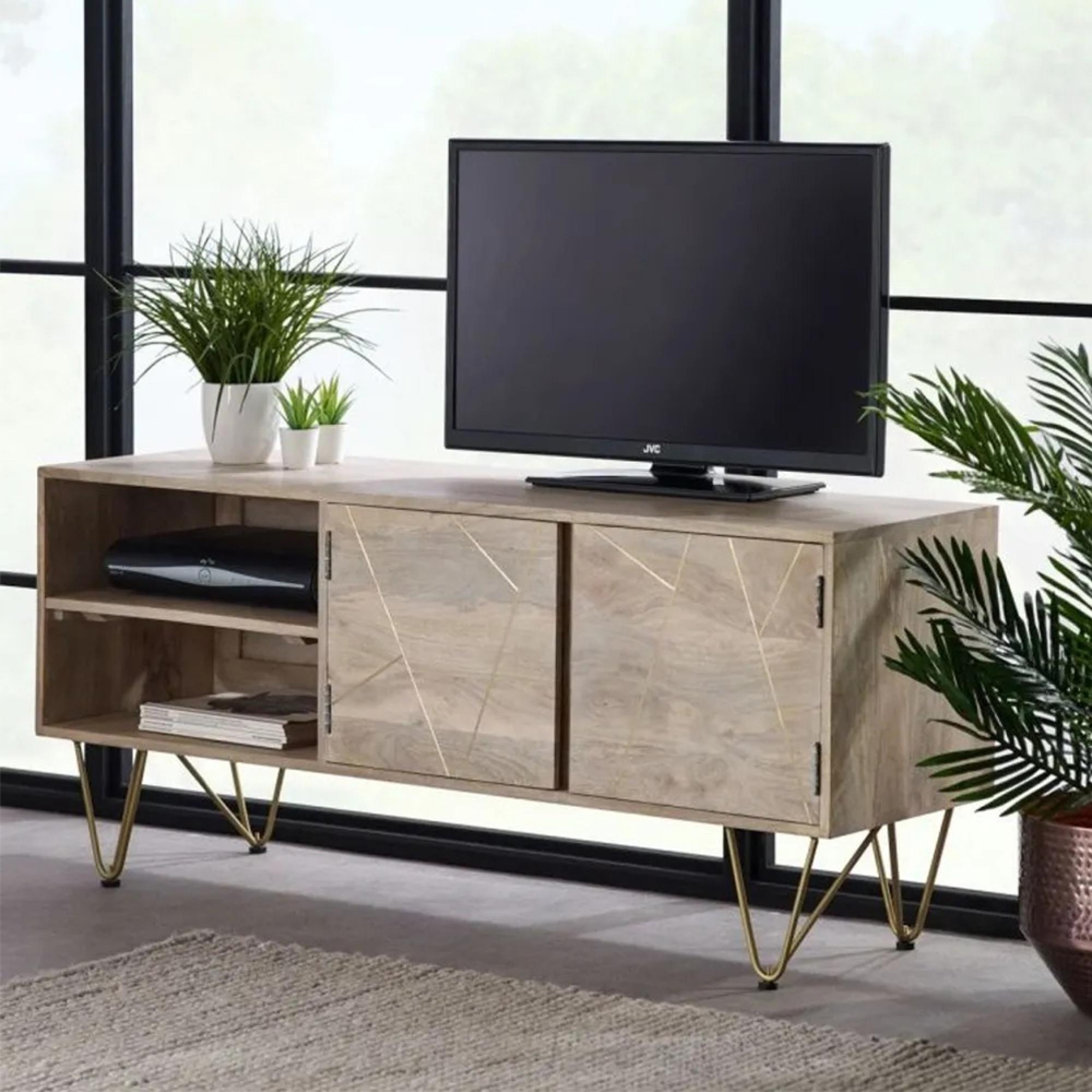 TV Unit - 140cm - Hairpin Legs - Gold Geometric Inlay - Light Mango Wood