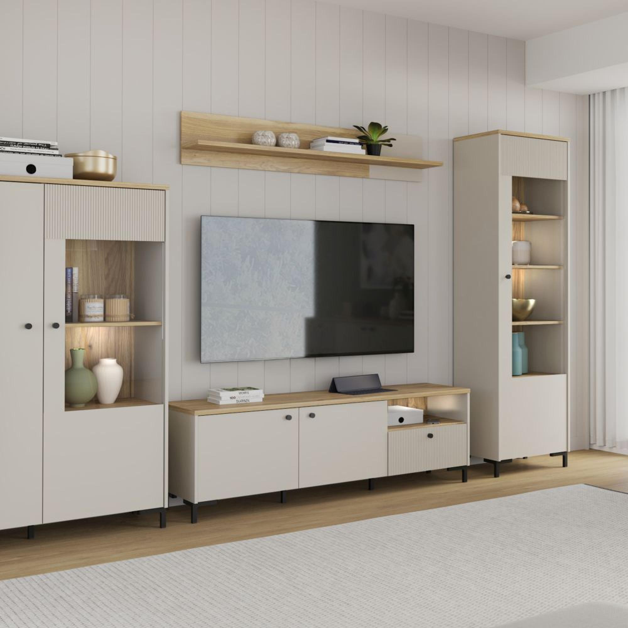 Bixbite TV Unit - 2 Door - 1 Drawer - 152.8cm - Fluted - Light Oak and Sand