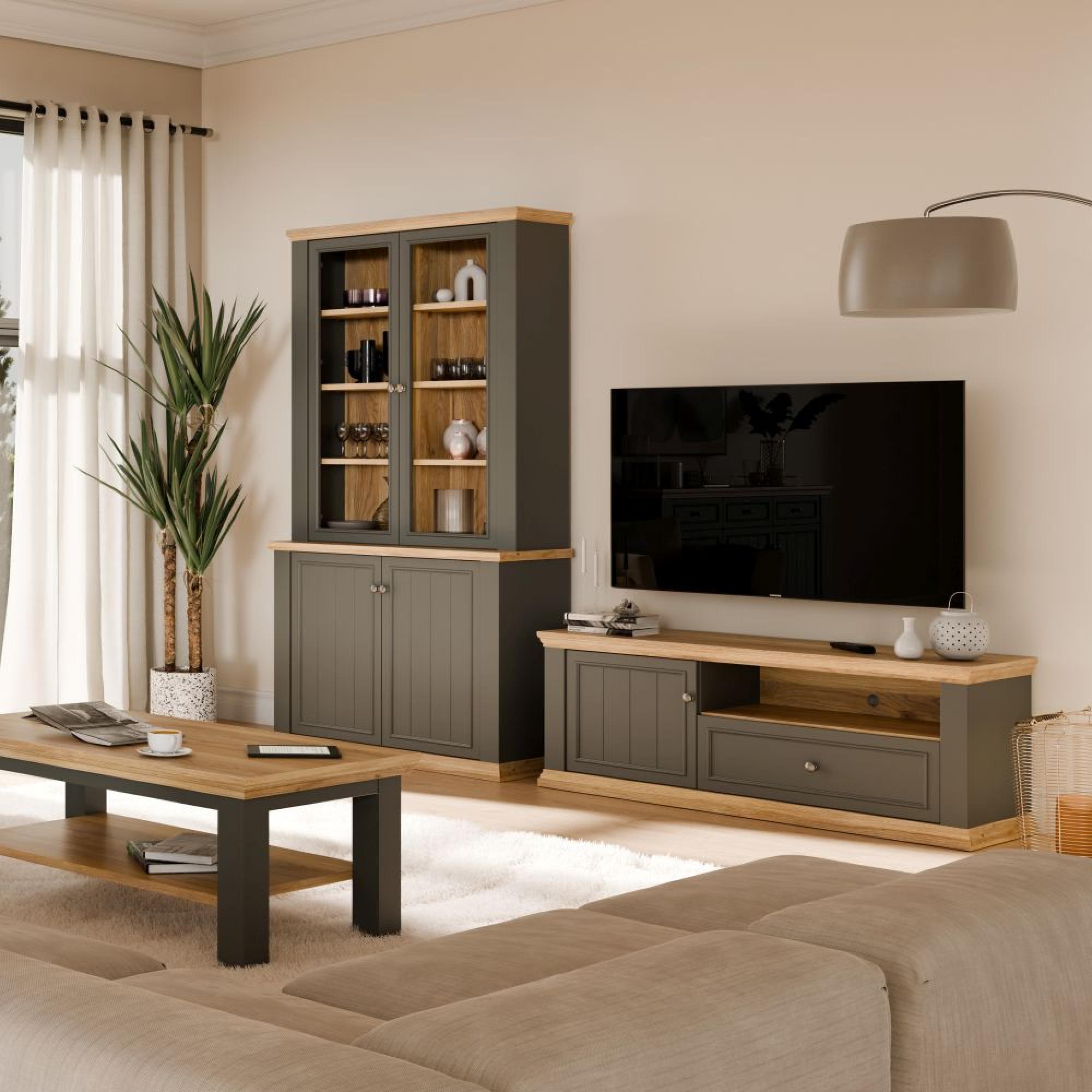 Pontypool TV Unit - 1 Door - 1 Drawer - 149.5cm - Dark Grey and Light Oak