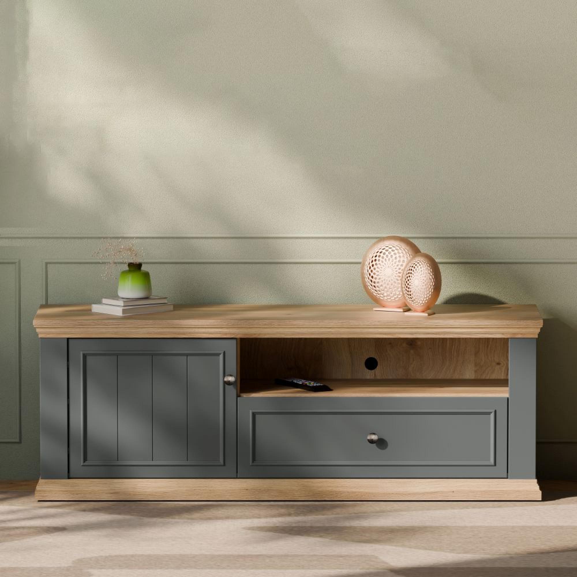 Pontypool TV Unit - 1 Door - 1 Drawer - 149.5cm - Dark Grey and Light Oak