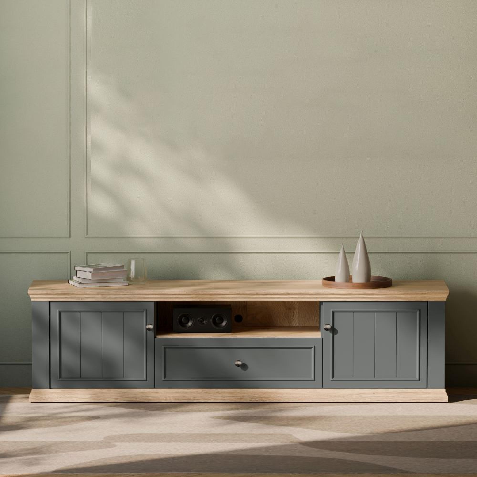 Pontypool TV Unit - 2 Door - 1 Drawer - 199.2cm - Wide - Dark Grey and Light Oak
