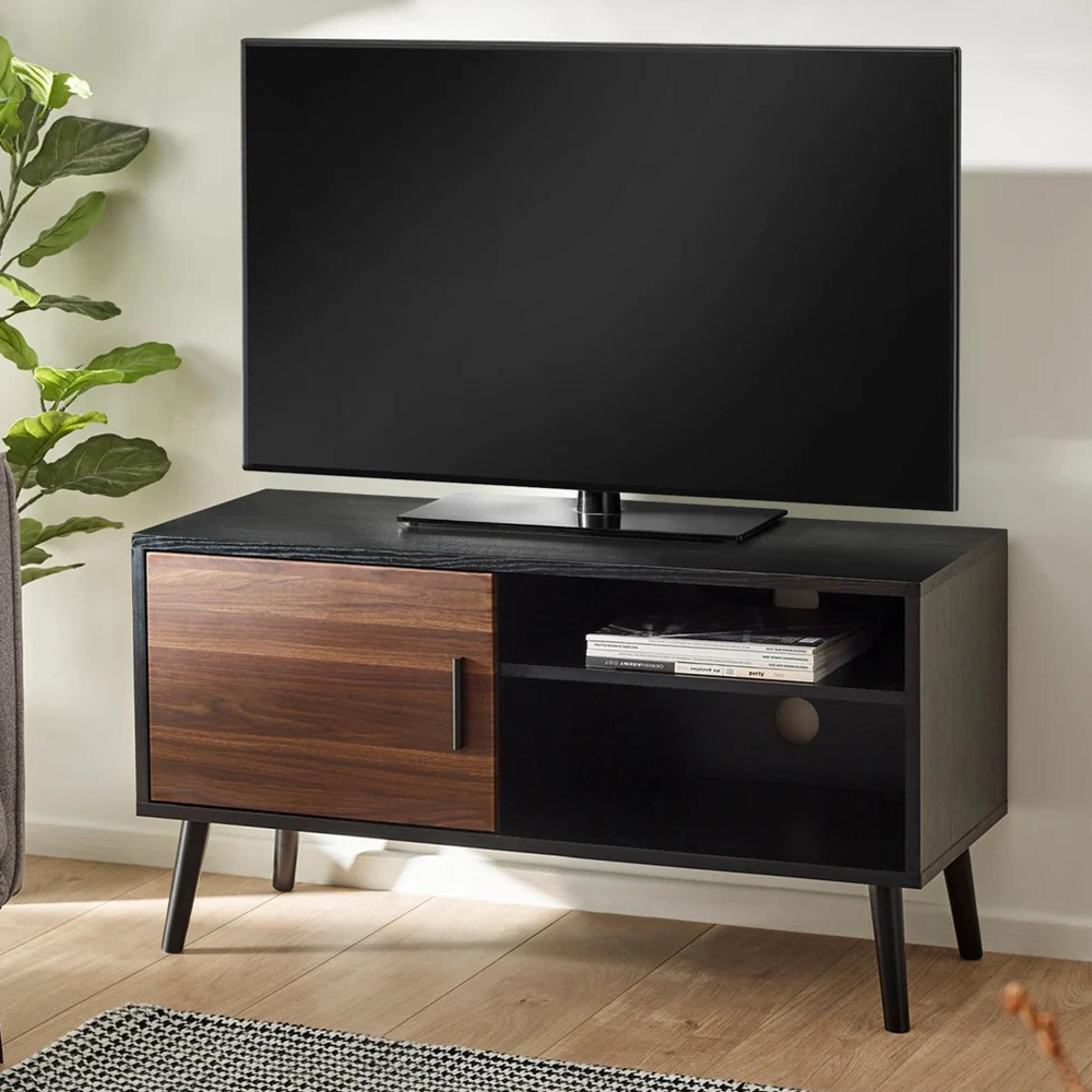 Trent TV Unit - 1 Door - 100cm - Compact - Walnut and Black - Oak Effect