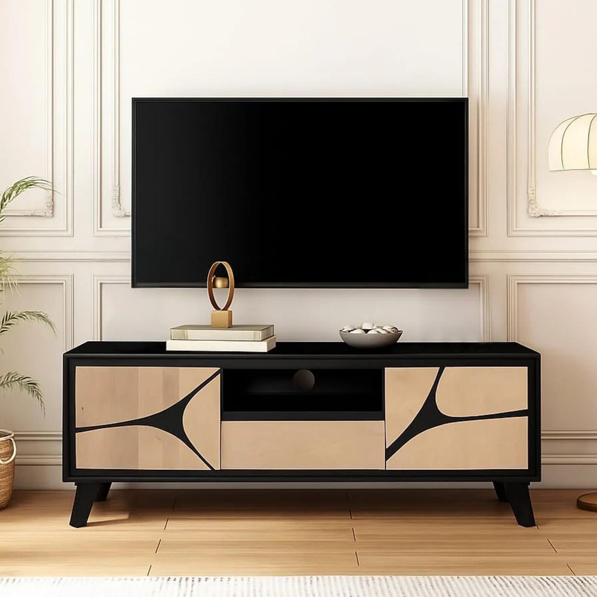 Boho TV Cabinet - 2 Door - 1 Drawer - 150cm - Medium - Geometric Design - Natural and Black - Mango Wood