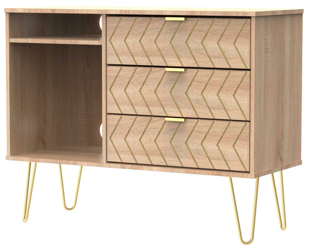 Jigsaw TV Unit - 95cm - with Gold Hairpin Legs - Oak