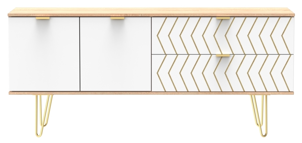 Jigsaw White and Oak Effect 145cm TV Unit with Gold Hairpin Legs