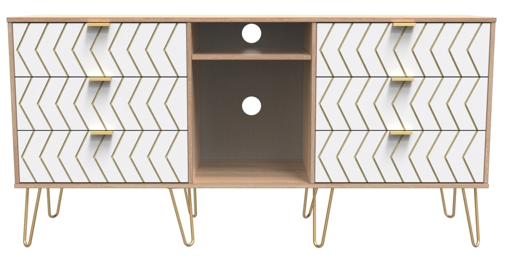 Jigsaw White and Oak Effect 150cm TV Unit with Gold Hairpin Legs