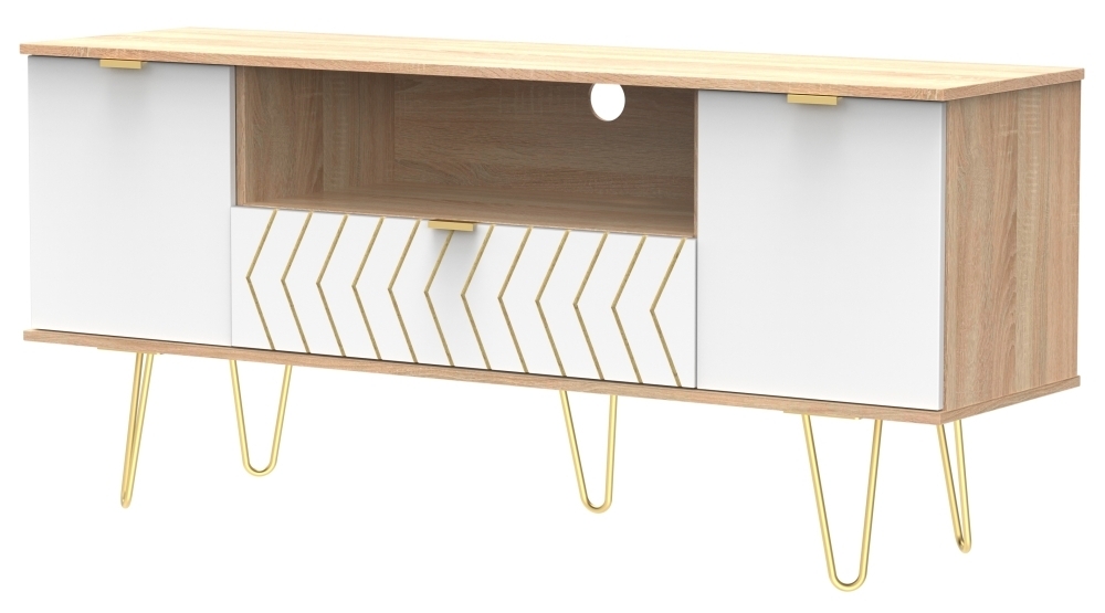 Jigsaw TV Unit - 65cm - with Gold Hairpin Legs - White and Oak