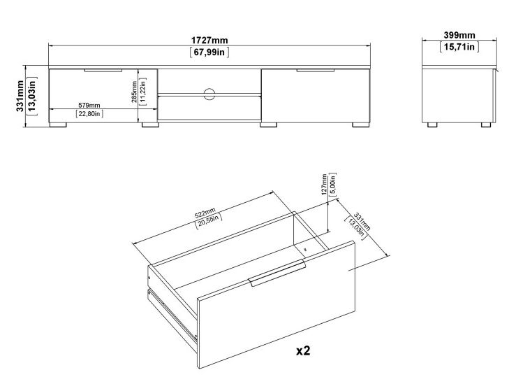 Match TV Unit - 2 Drawer - 1727cm - White Gloss
