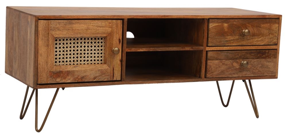 Nyack Mango Wood with Rattan 120cm TV Unit - Hairpin Legs