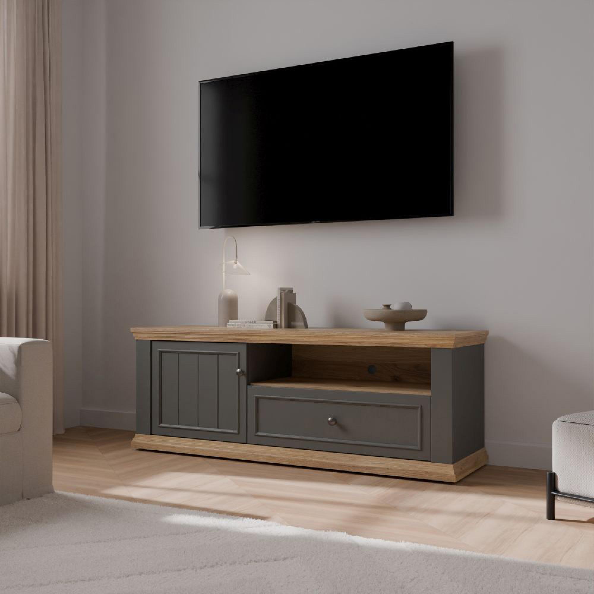 Pontypool TV Unit - 1 Door - 1 Drawer - 149.5cm - Dark Grey and Light Oak