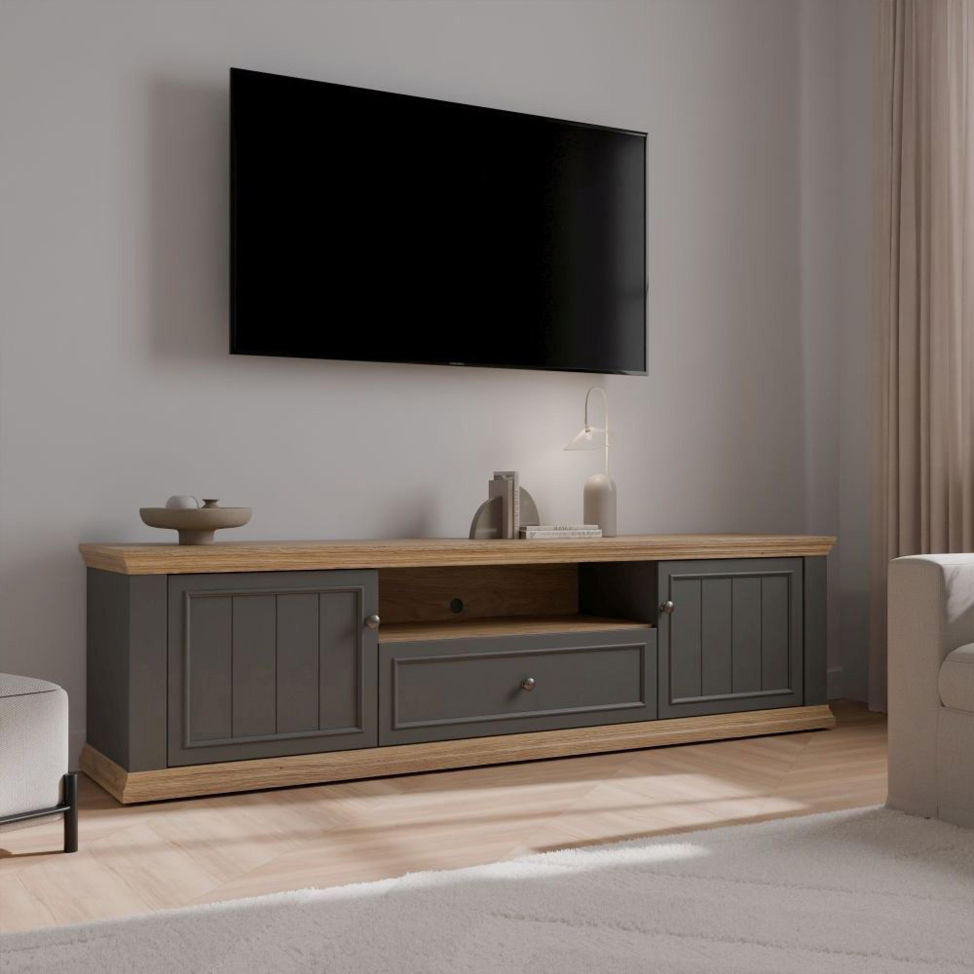 Pontypool TV Unit - 2 Door - 1 Drawer - 199.2cm - Wide - Dark Grey and Light Oak