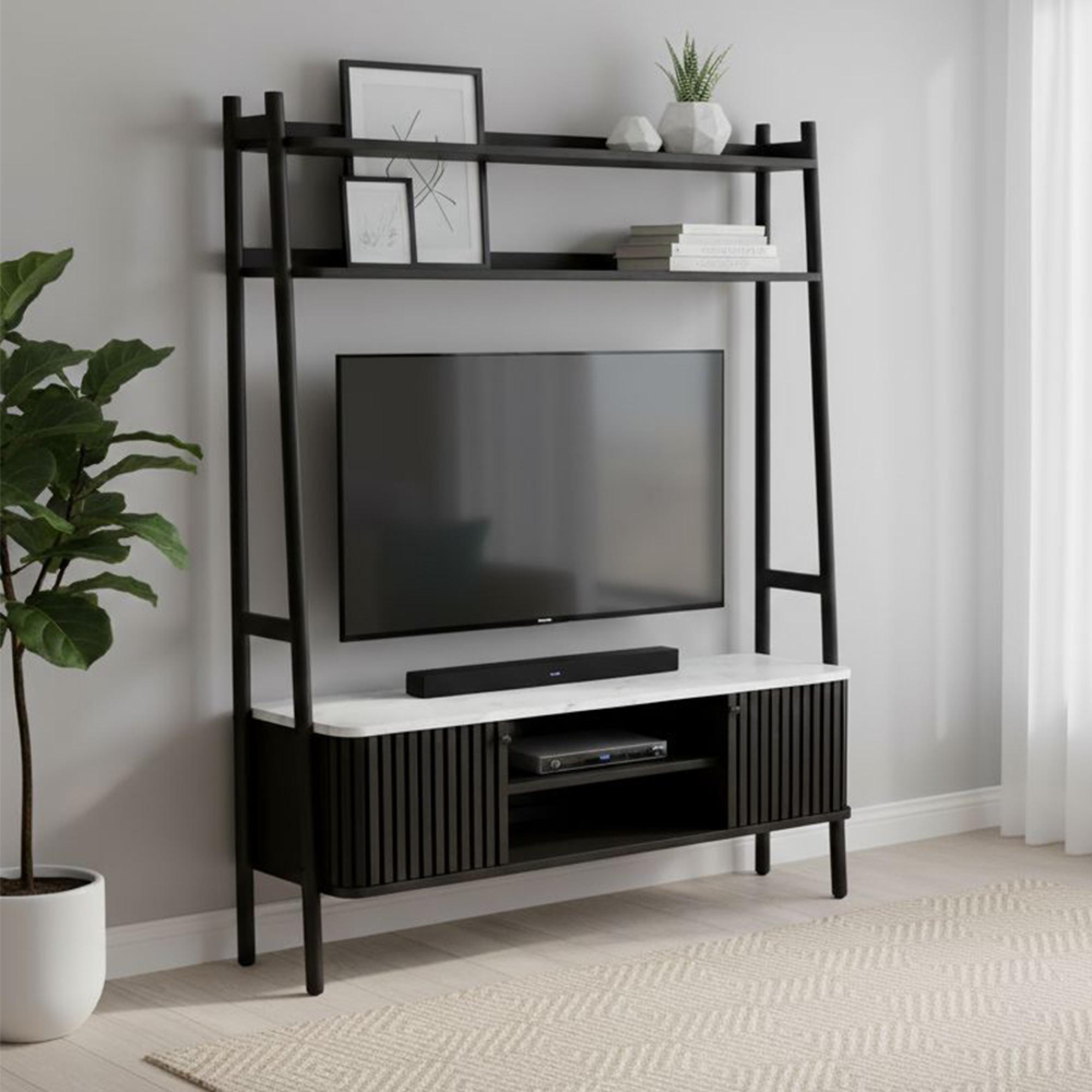Soho Black TV Unit - Slatted Ladder Storage - White Marble Top