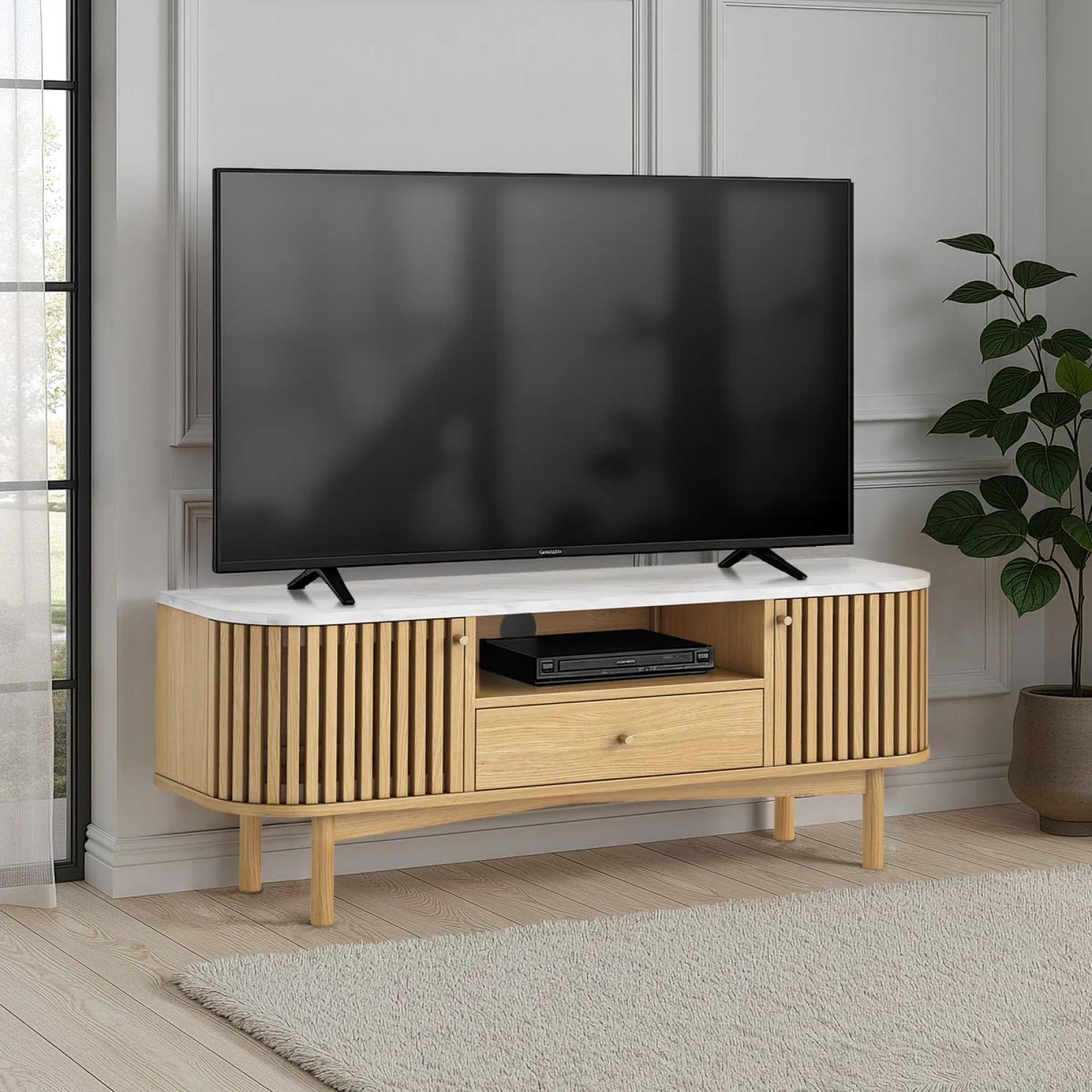 Soho Oak TV Unit - 130cm - Slatted Storage - White Marble Top