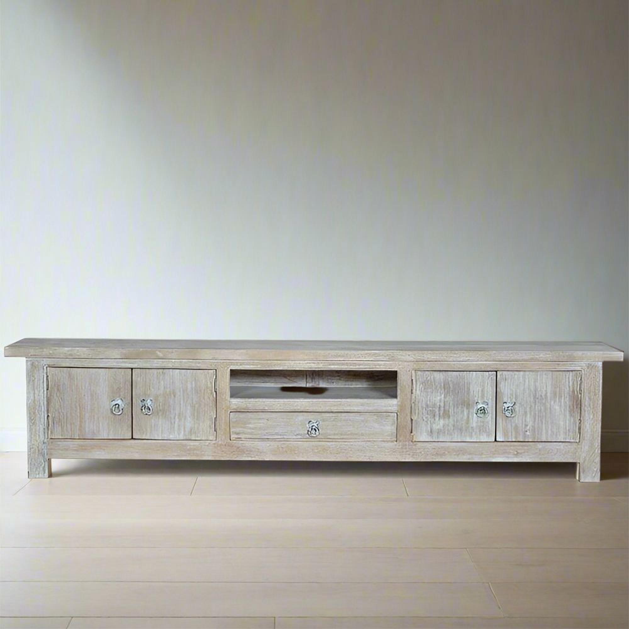 Soleil Storage Large TV Unit - White Washed - Mango Wood