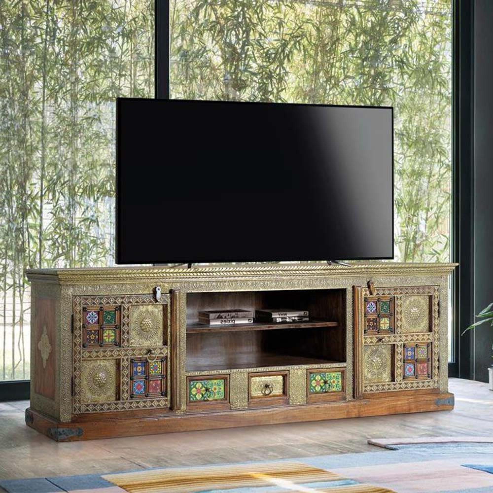 Trona TV Unit - Acacia Wood - Brass Cladded - Large Storage