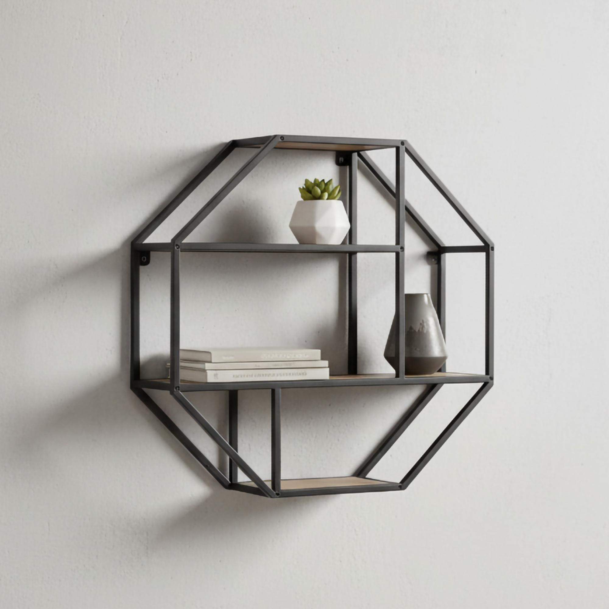 Seaford Wall Rack - Octagonal - Oak and Black Metal