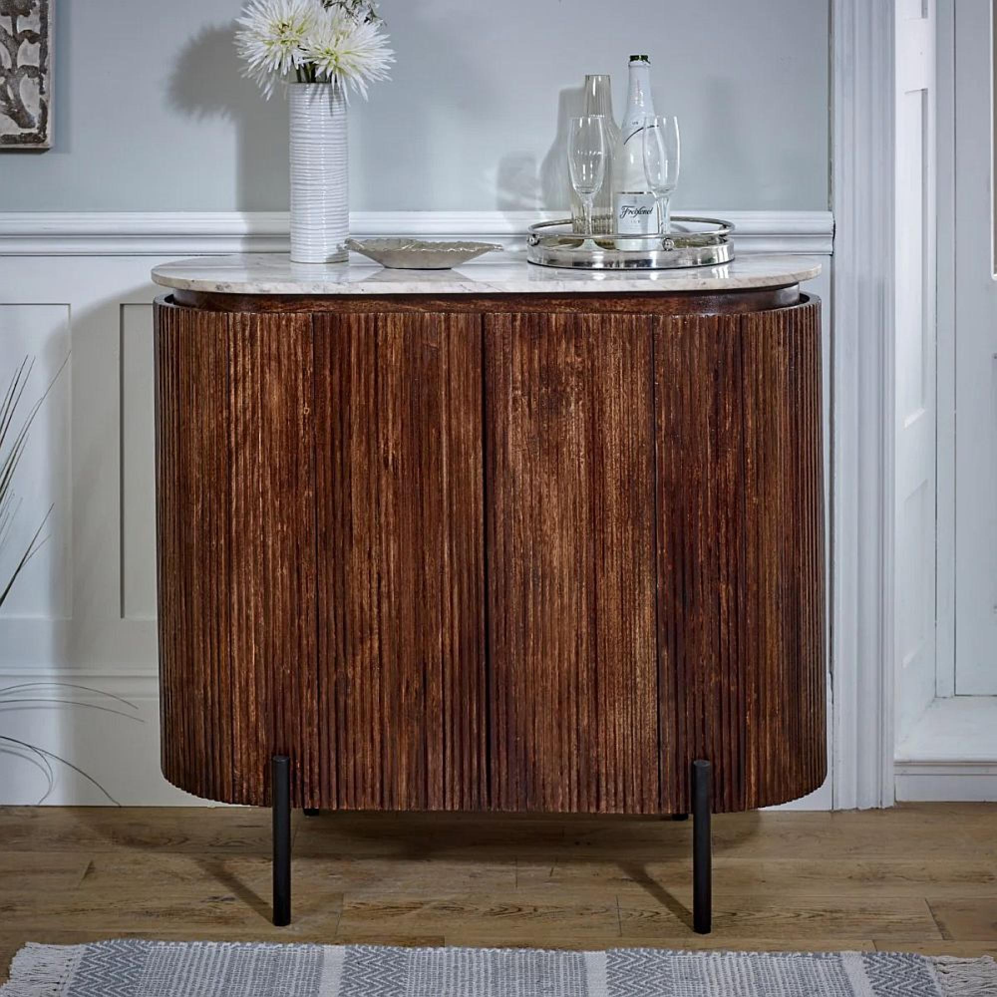 Opal Fluted Drinks Cabinet - White Marble Top - Mango Wood