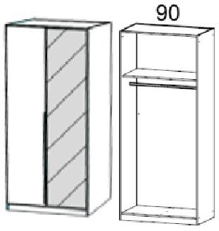 5F22 : 2 Door Wardrobe with 1 Mirror Door and Aluminium Color Handle