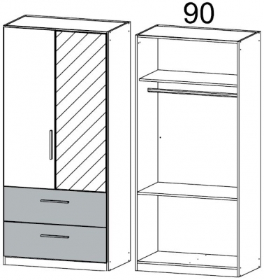 0V5B : 2 Door 2 Drawer Combi Wardrobe with 1 Carcase Color Door and 1 Mirror and 2 Application Color Drawer