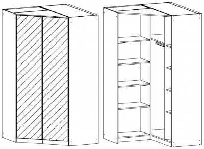 0X8C : 2 Mirror Door Corner Wardrobe with Glass Front and Vertical and Horizontal Trim and Carcase Color Short Handle