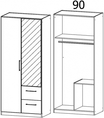 57L7 : 2 Door 2 Drawer Combi Wardrobe with 1 Mirror Door and High Polish Front