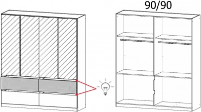 51W5 : 4 Mirror Door 4 Drawer Combi Wardrobe with Lighting - Decor Front