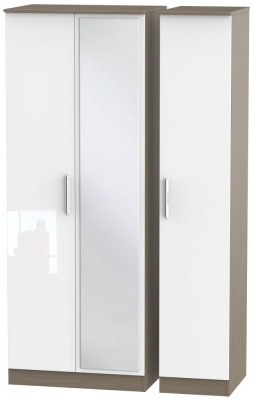Contrast 3 Door Mirror Wardrobe - High Gloss White and Toronto Walnut