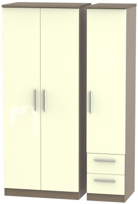 Knightsbridge 3 Door 2 Right Drawer Wardrobe - High Gloss Cream and Toronto Walnut