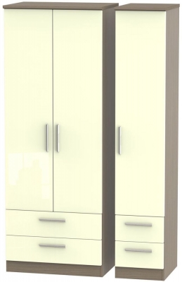 Knightsbridge 3 Door 4 Drawer Tall Wardrobe - High Gloss Cream and Toronto Walnut