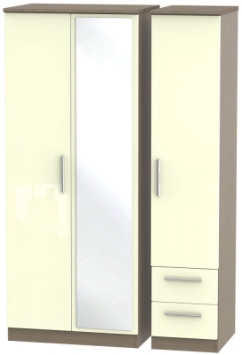 Knightsbridge 3 Door 2 Right Drawer Combi Wardrobe - High Gloss Cream and Toronto Walnut