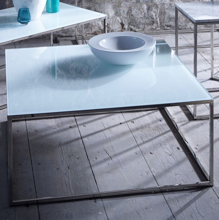 Product photograph of Kensal Square Coffee Table - Comes In White Glass And Stainless Steel White Glass And Black White Glass And Brass Options from Choice Furniture Superstore.