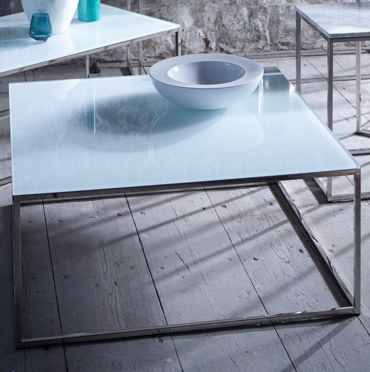 Product photograph of Kensal White Glass And Chrome Frame Square Coffee Table from Choice Furniture Superstore.