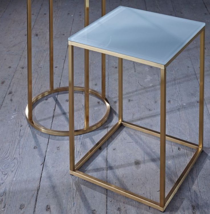 Product photograph of Gillmore Space Kensal White Glass And Brass Square Side Table from Choice Furniture Superstore.