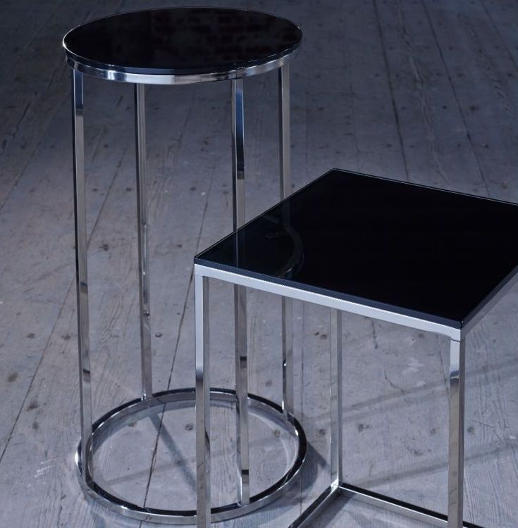 Product photograph of Gillmore Space Kensal Black Glass And Stainless Steel Round Side Table from Choice Furniture Superstore.