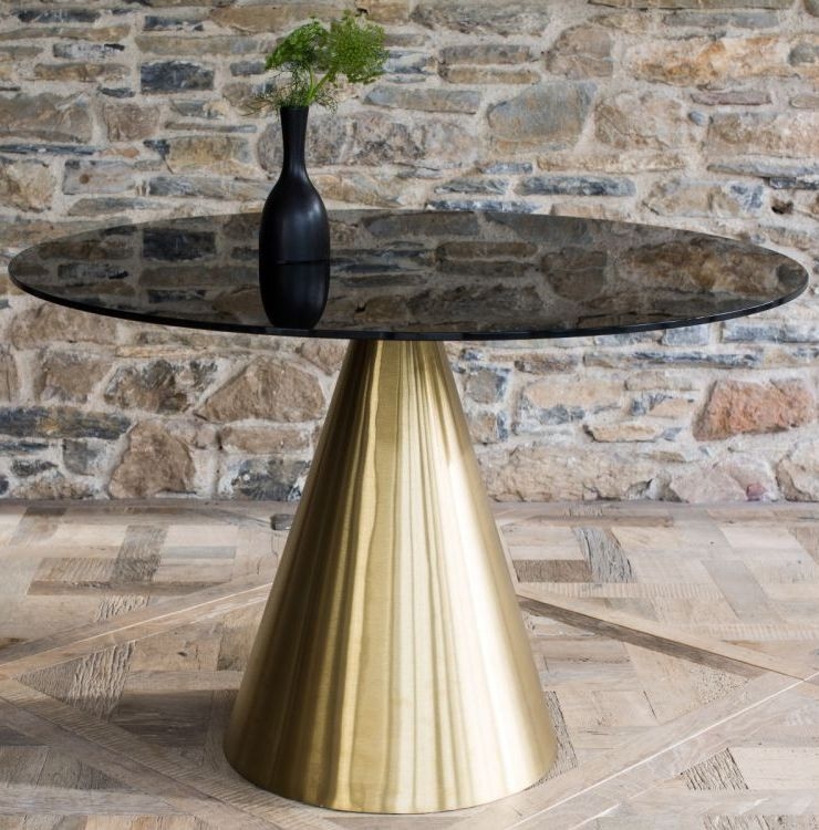 Product photograph of Gillmore Space Oscar Black Glass Large Round Side Table With Brass Conical Base - 2 Seater from Choice Furniture Superstore.