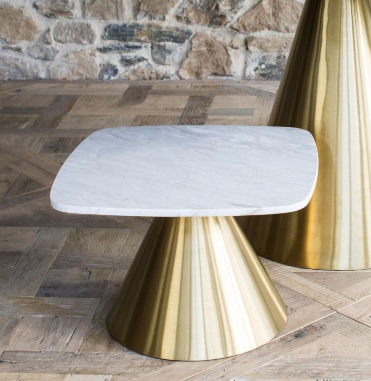 Product photograph of Gillmore Space Oscar Brown Marble Small Square Side Table With Brass Conical Base from Choice Furniture Superstore.