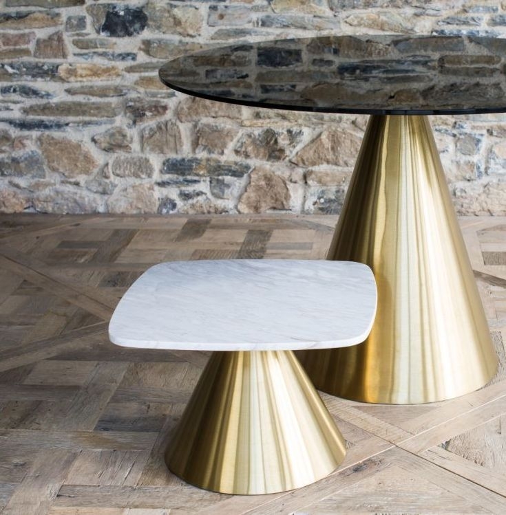 Product photograph of Gillmore Space Oscar Brown Marble Small Square Side Table With Brass Conical Base from Choice Furniture Superstore.